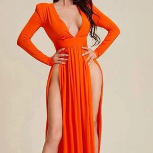 Plunging neck high split dress